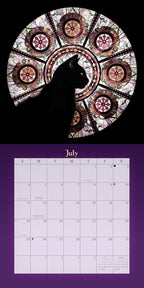 Calendar page for July with a silhouette of a cat and stained glass design.