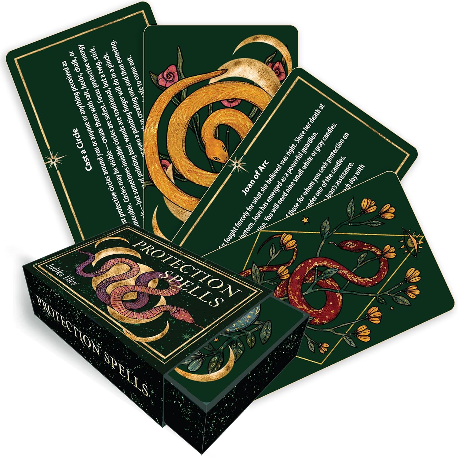 Protection Spells card deck with snake design on green cards