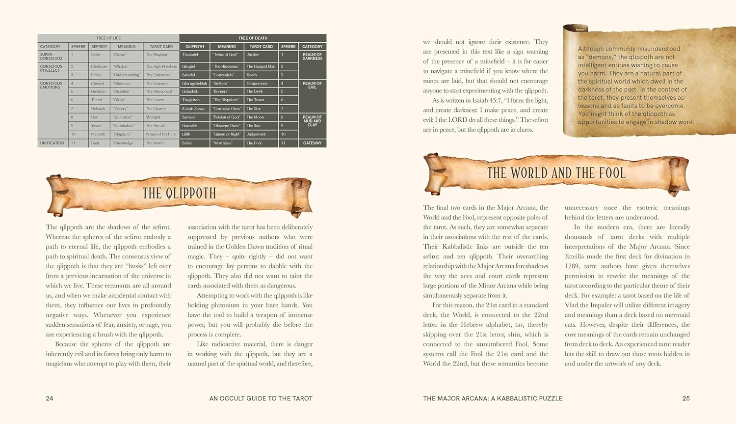 Open book showing pages with text and illustrations, including a table and a scroll-like graphic.