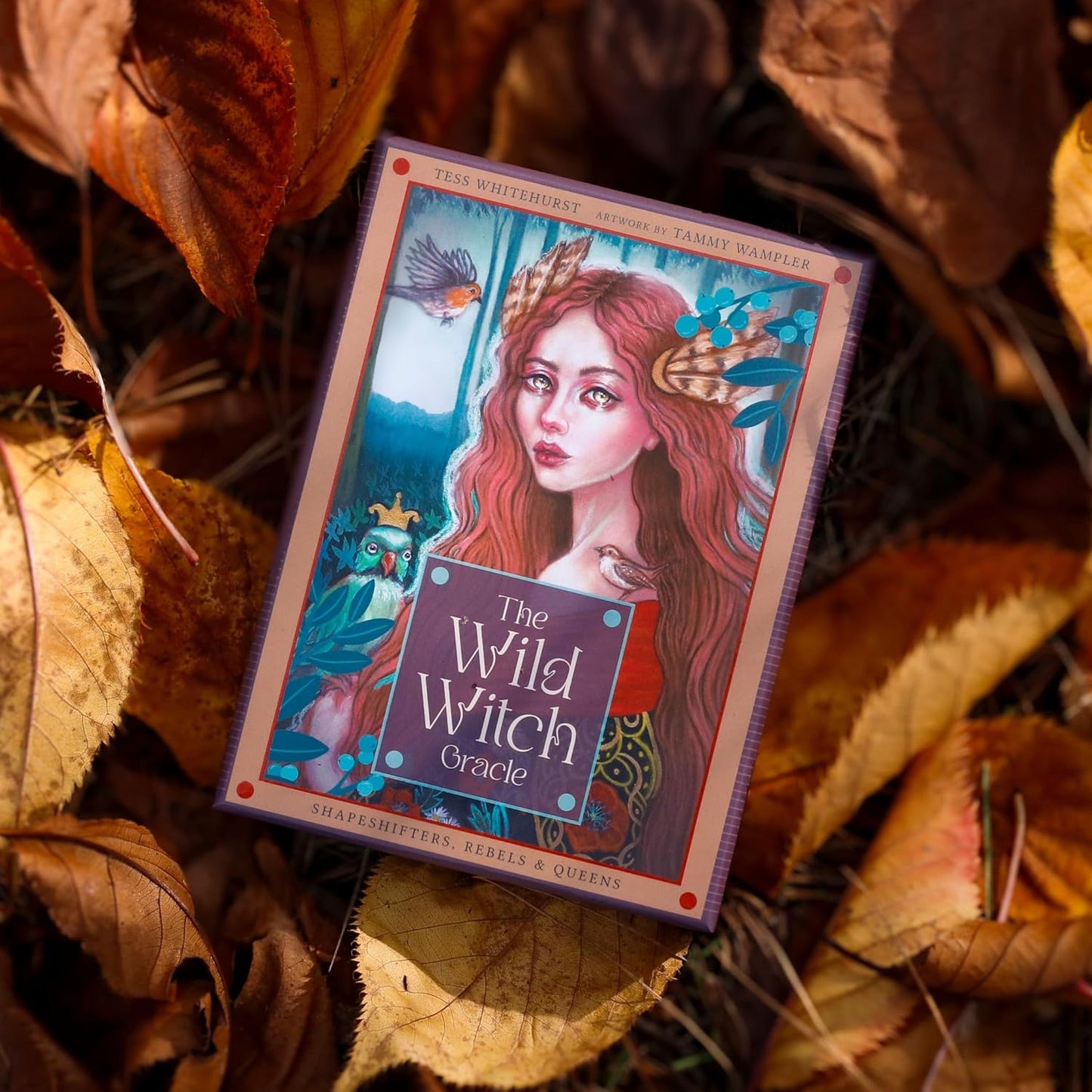 Card from 'The Wild Witch Oracle' on a background of autumn leaves