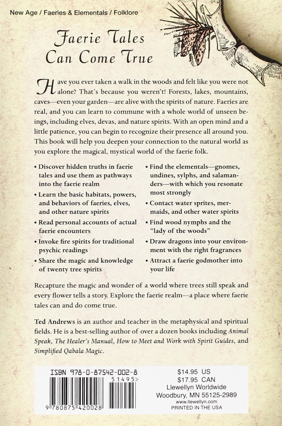 Back cover of a book titled "Faerie Tales Can Come True" on a textured beige paper background, with a black serif title, paragraphs of text, a barcode, and a small black line drawing in the top right.