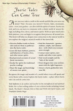 Back cover of a book titled "Faerie Tales Can Come True" on a textured beige paper background, with a black serif title, paragraphs of text, a barcode, and a small black line drawing in the top right.