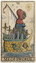 Six of Swords tarot card with a hooded figure and swords on a ship.