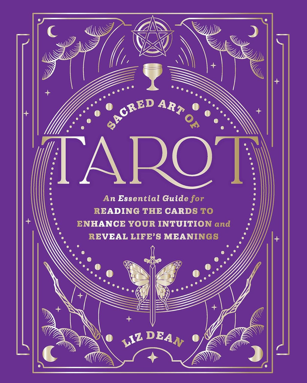 Book cover of 'Sacred Art of Tarot' with purple background and white text
