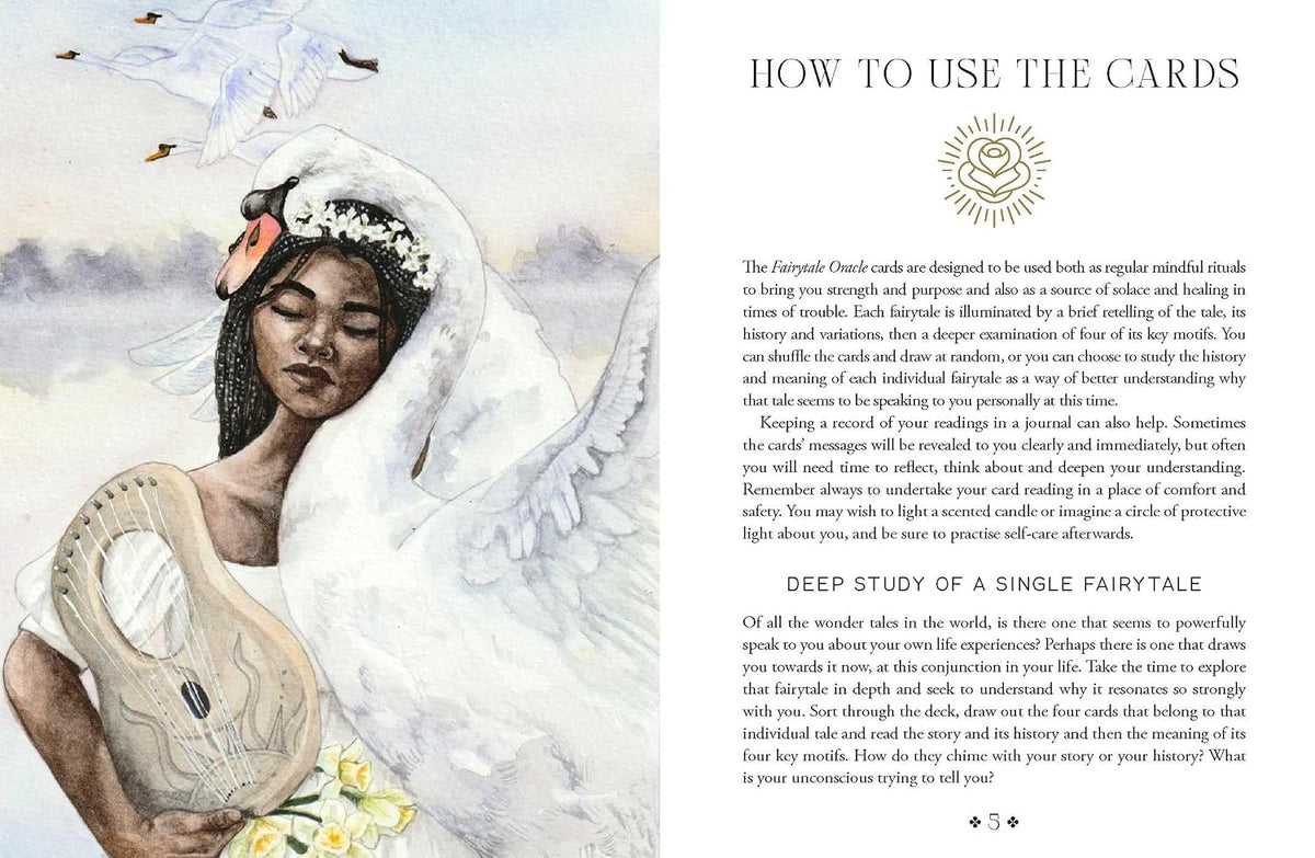 Illustration of a woman with wings and a swan, accompanied by text on how to use cards.