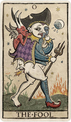 Vintage-style tarot card titled 'The Fool' with a central figure holding a trident.