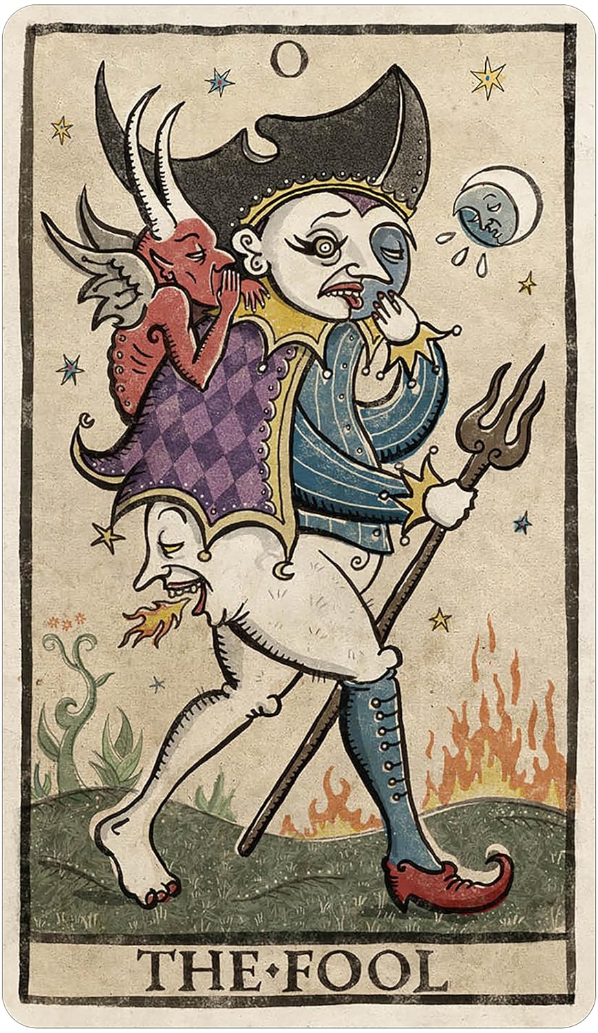 Vintage-style tarot card titled 'The Fool' with a central figure holding a trident.