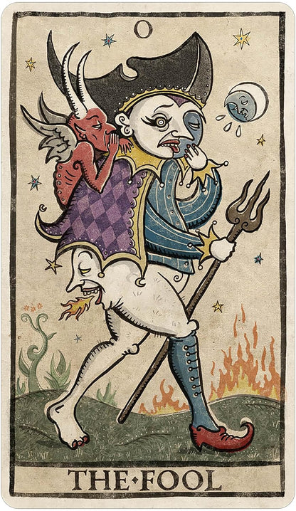 Vintage-style tarot card titled 'The Fool' with a central figure holding a trident.