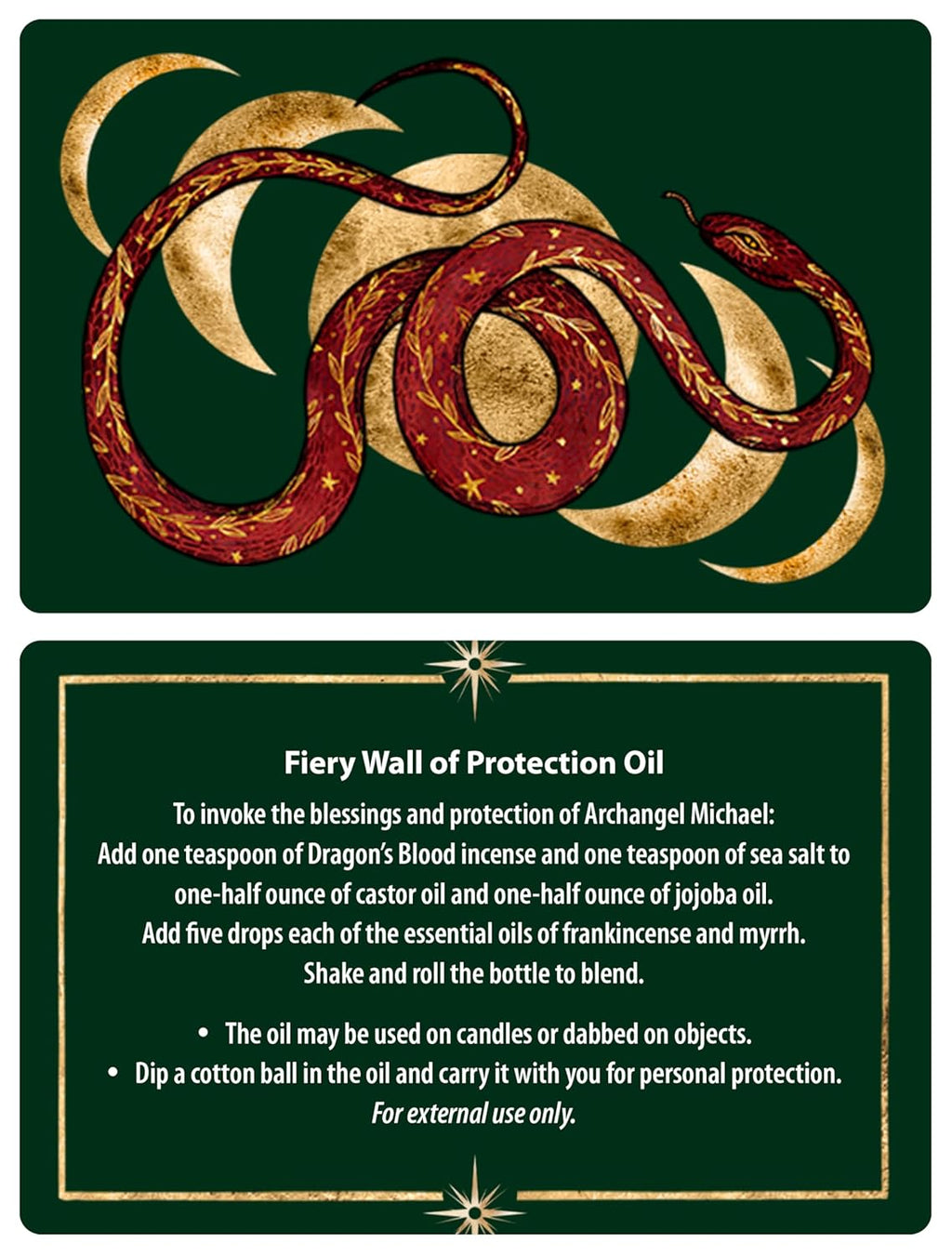Instructions for a Fiery Wall of Protection Oil with a snake design on a green background.