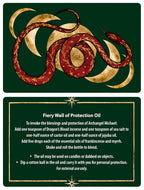 Instructions for a Fiery Wall of Protection Oil with a snake design on a green background.