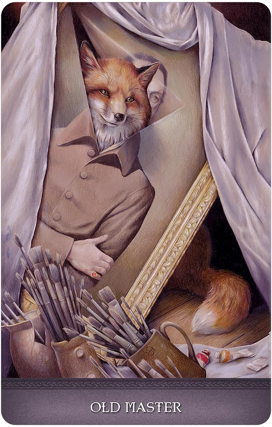 Fox in a suit with painting supplies, titled 'Old Master'.
