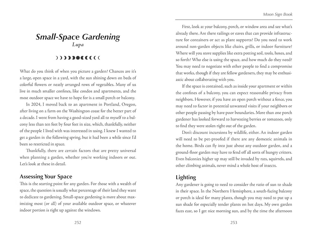 A two-page spread of a book or magazine titled Small-Space Gardening by Moon Sign Book, featuring black-and-white text and decorative arrows on a white background.