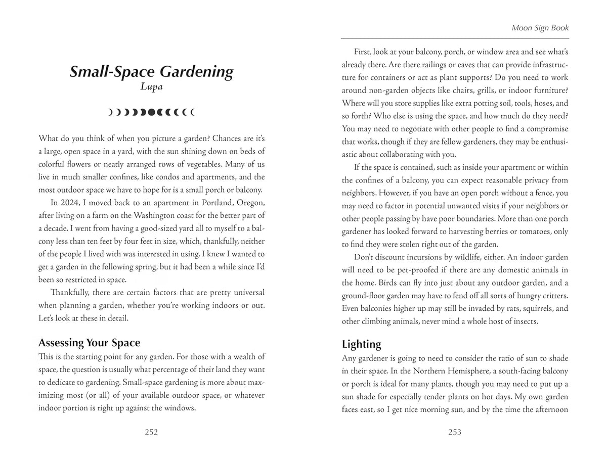 A two-page spread of a book or magazine titled Small-Space Gardening by Moon Sign Book, featuring black-and-white text and decorative arrows on a white background.