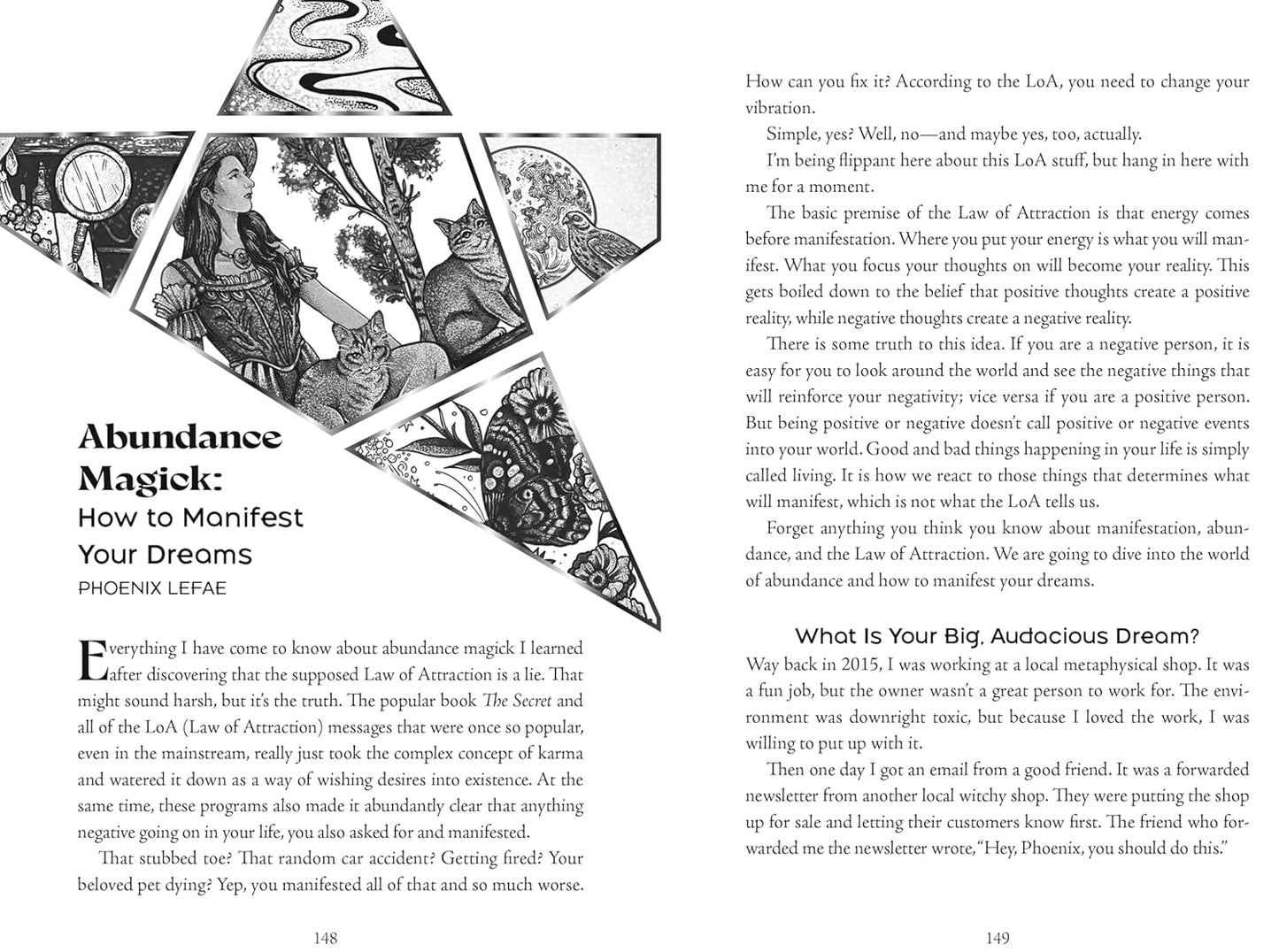 Page from a book or magazine with text and illustrations on abundance and manifesting dreams.