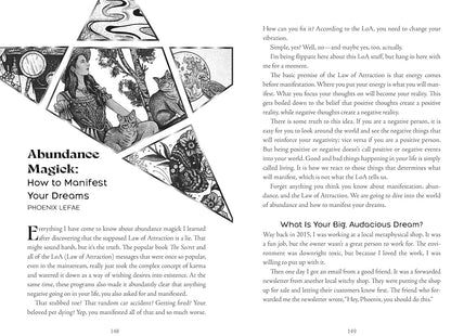 Page from a book or magazine with text and illustrations on abundance and manifesting dreams.