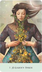 Artistic depiction of a person with flowers intertwined in their hair and clothing, set against a natural background.