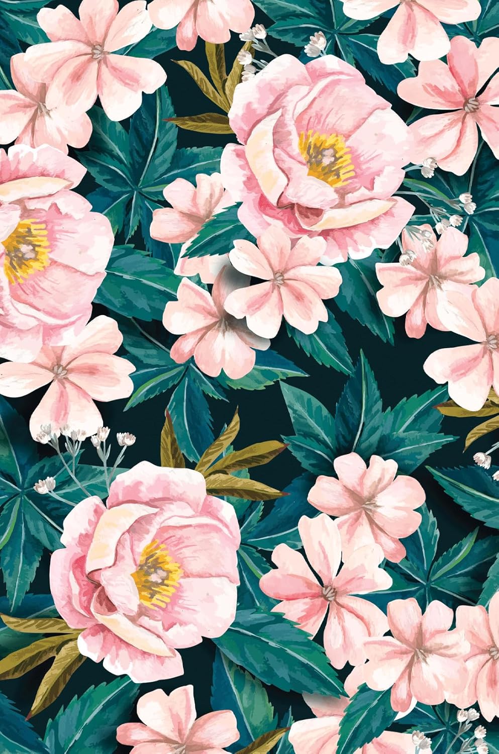 Pattern of pink flowers with green leaves on a dark background
