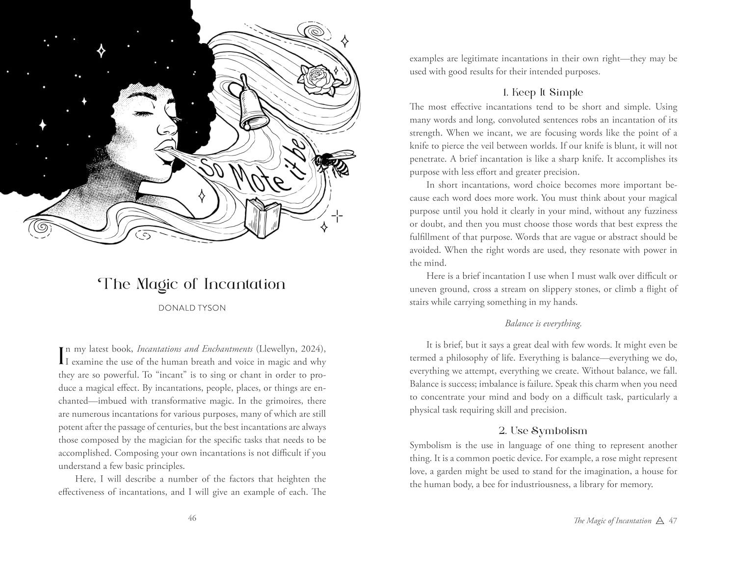 Page from a book with an illustration of a person and text on 'The Magic of Incantation' by Donald F. Lyon.