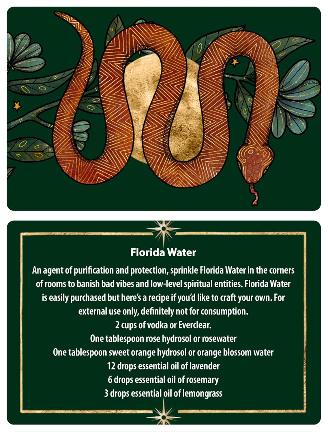 Decorative card with a snake illustration and Florida Water recipe on a green background