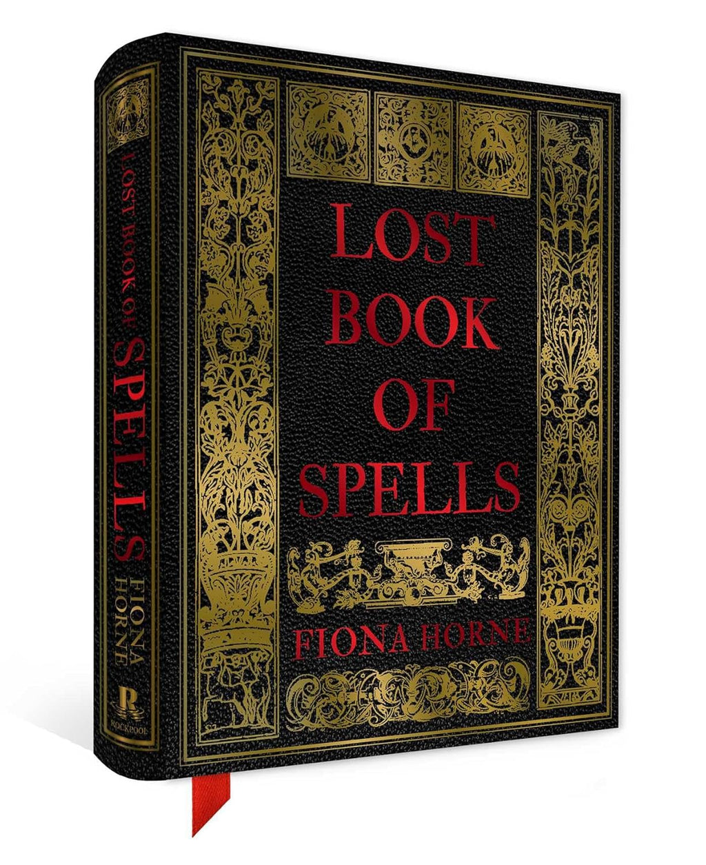 Book titled 'Lost Book of Spells' by Fiona Hoyle with ornate gold designs on a black background
