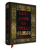 Book titled 'Lost Book of Spells' by Fiona Hoyle with ornate gold designs on a black background