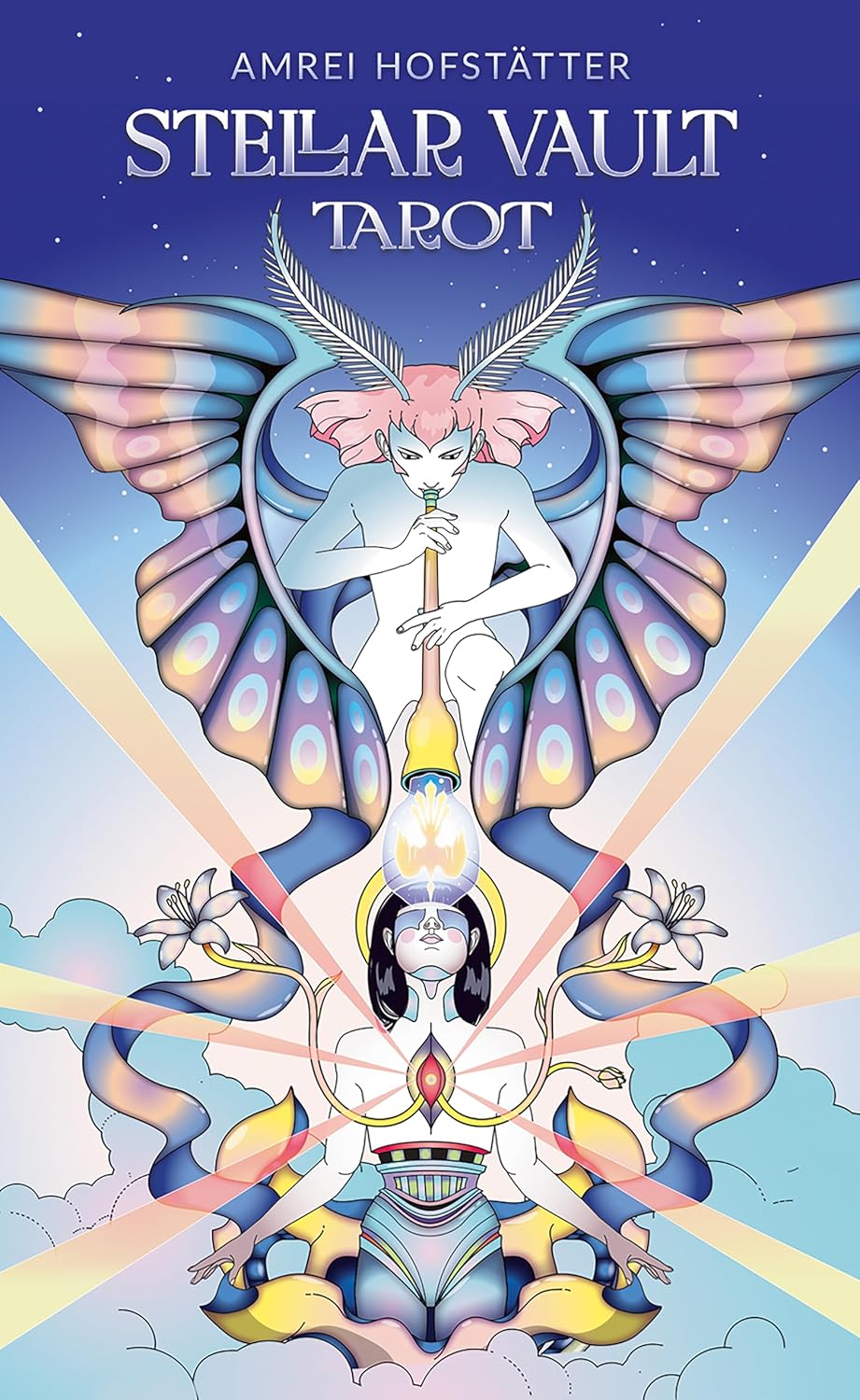 Cover of 'Stellar Vault Tarot' with stylized illustrations of a woman and butterfly against a blue sky.