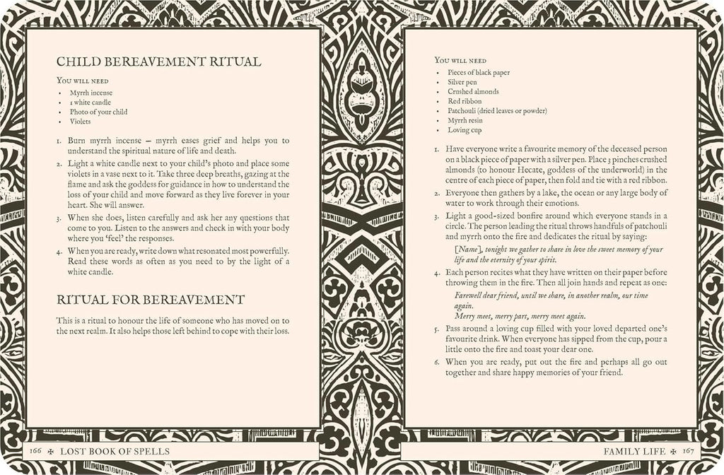 Page from 'The Lost Book of Spells' with text on child bereavement ritual.