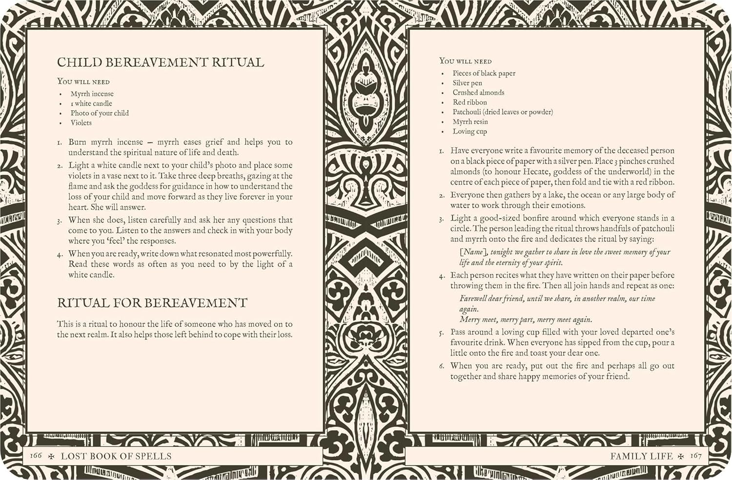 Page from 'The Lost Book of Spells' with text on child bereavement ritual.