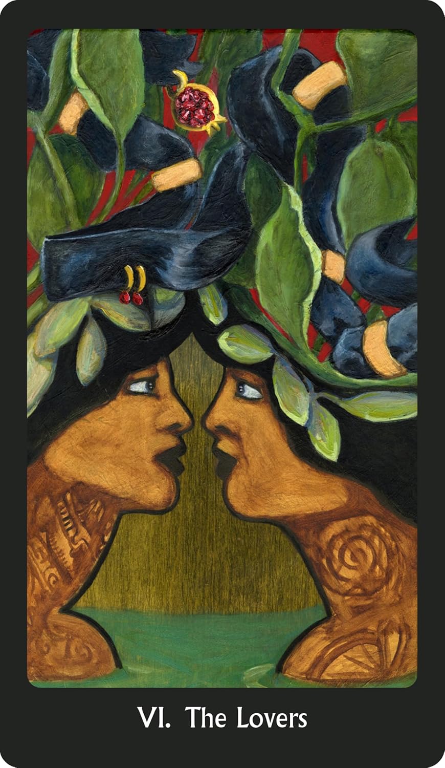 Card titled 'The Lovers' featuring two faces facing each other with leaves and a bird above.