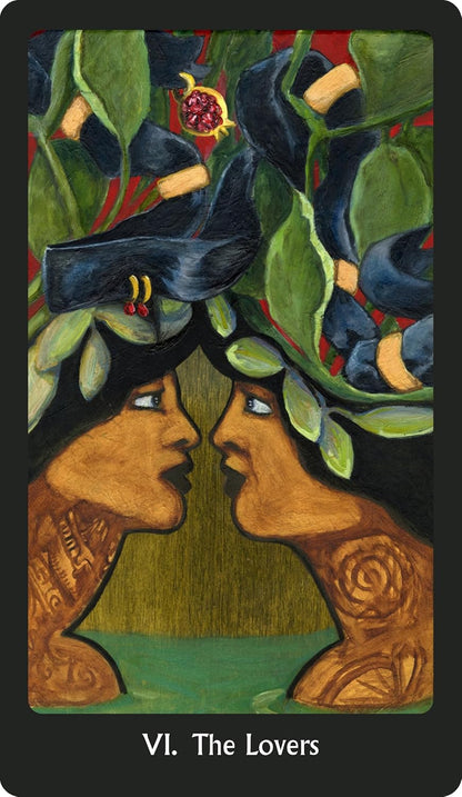 Card titled 'The Lovers' featuring two faces facing each other with leaves and a bird above.