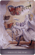 Vintage-style illustration with butterflies, a unicorn, and a ghostly figure, titled 'Halls of the Dead'.