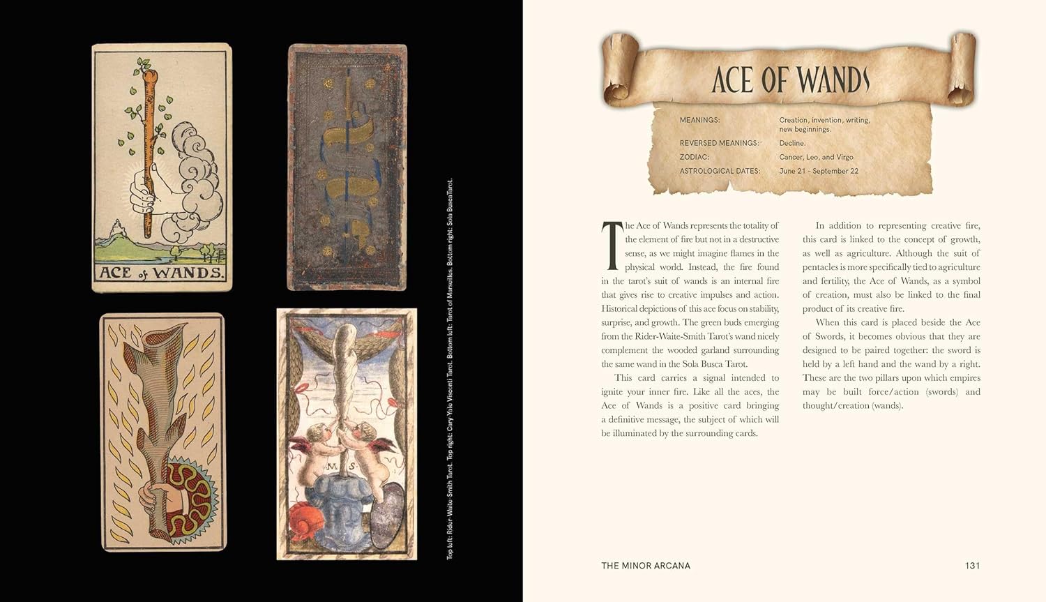 Illustrations of tarot cards and their meanings on a book page.