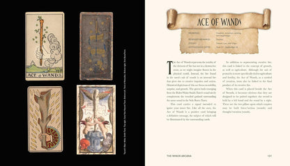 Illustrations of tarot cards and their meanings on a book page.