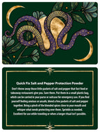 Card with a snake design and text about salt and pepper protection powder on a green background.