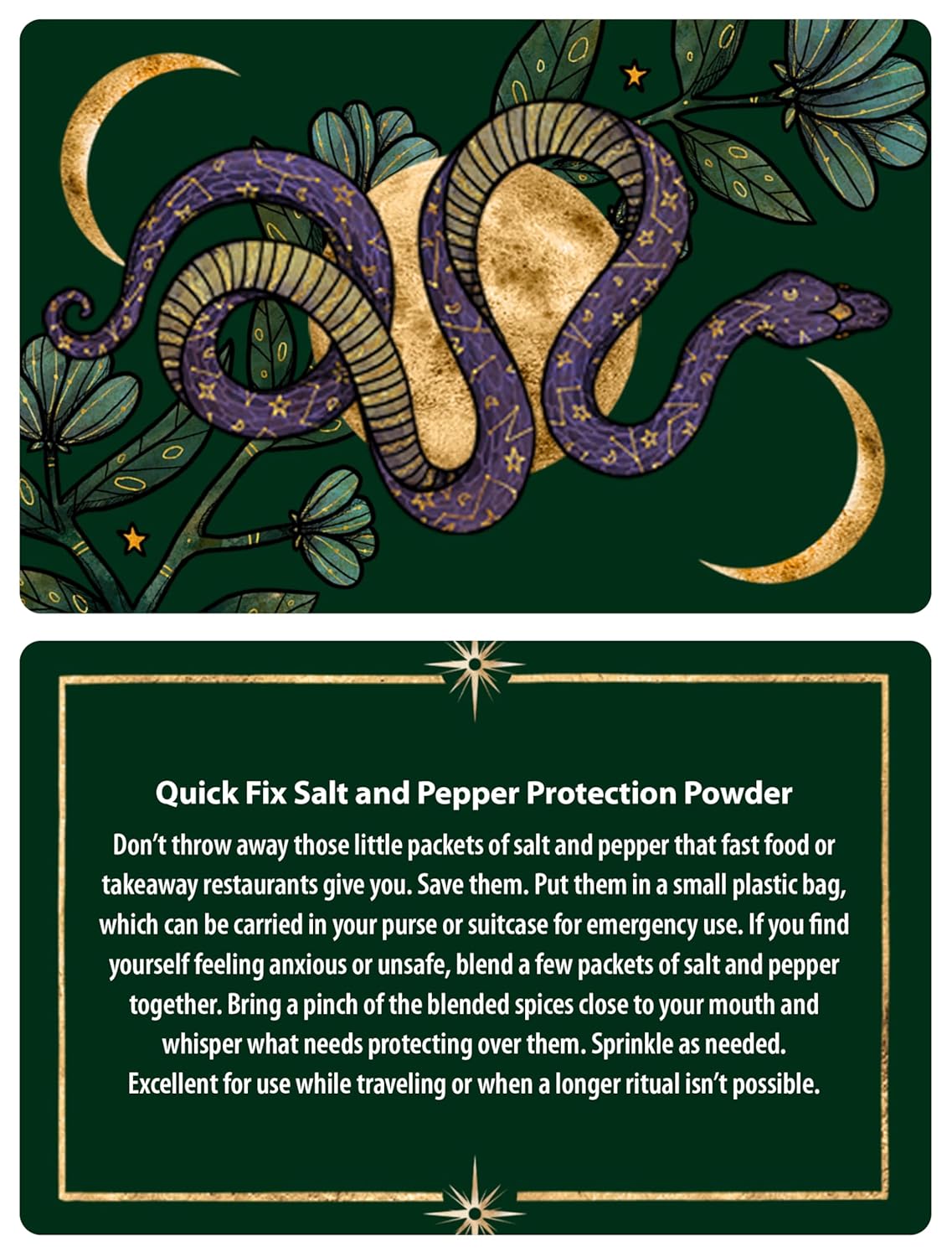 Card with a snake design and text about salt and pepper protection powder on a green background.
