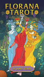 Cover of 'Florana Tarot' by James Ferry featuring three figures in colorful dresses against a forest background.