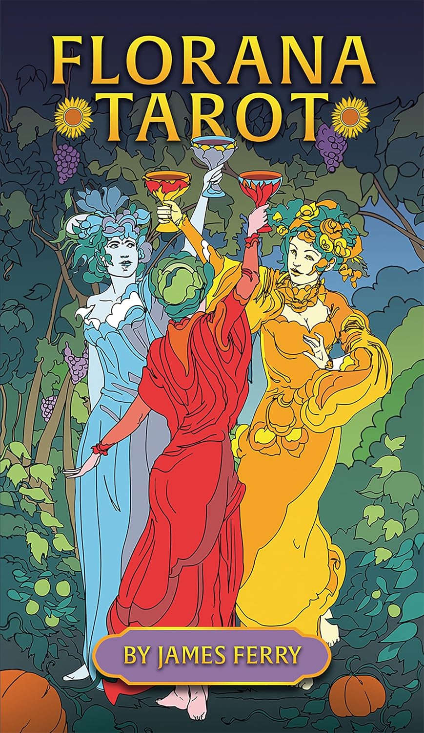 Cover of 'Florana Tarot' by James Ferry featuring three figures in colorful dresses against a forest background.