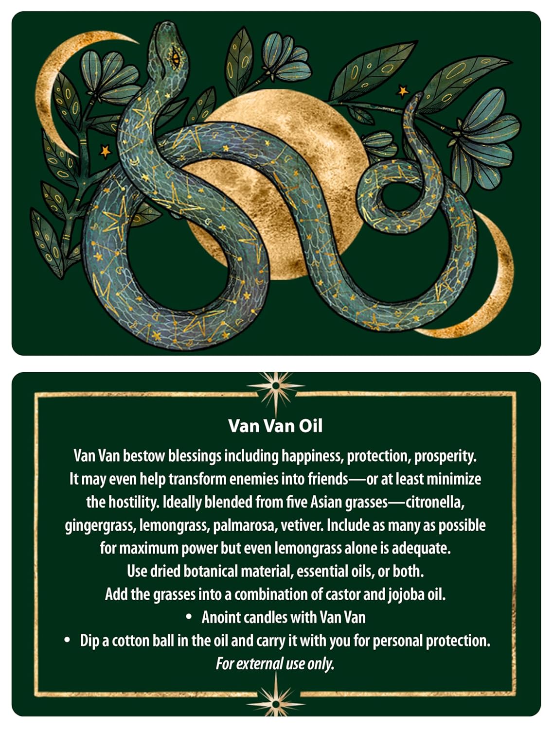 Decorative card with Van Van Oil recipe and instructions on a green background