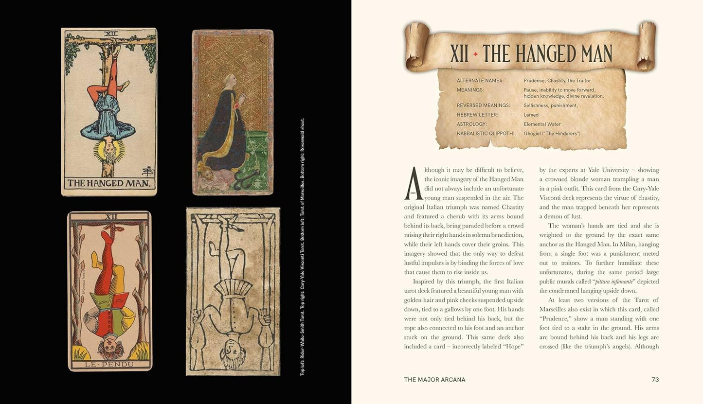 Illustrations of 'The Hanged Man' tarot card from The Major Arcana with text on a white background.