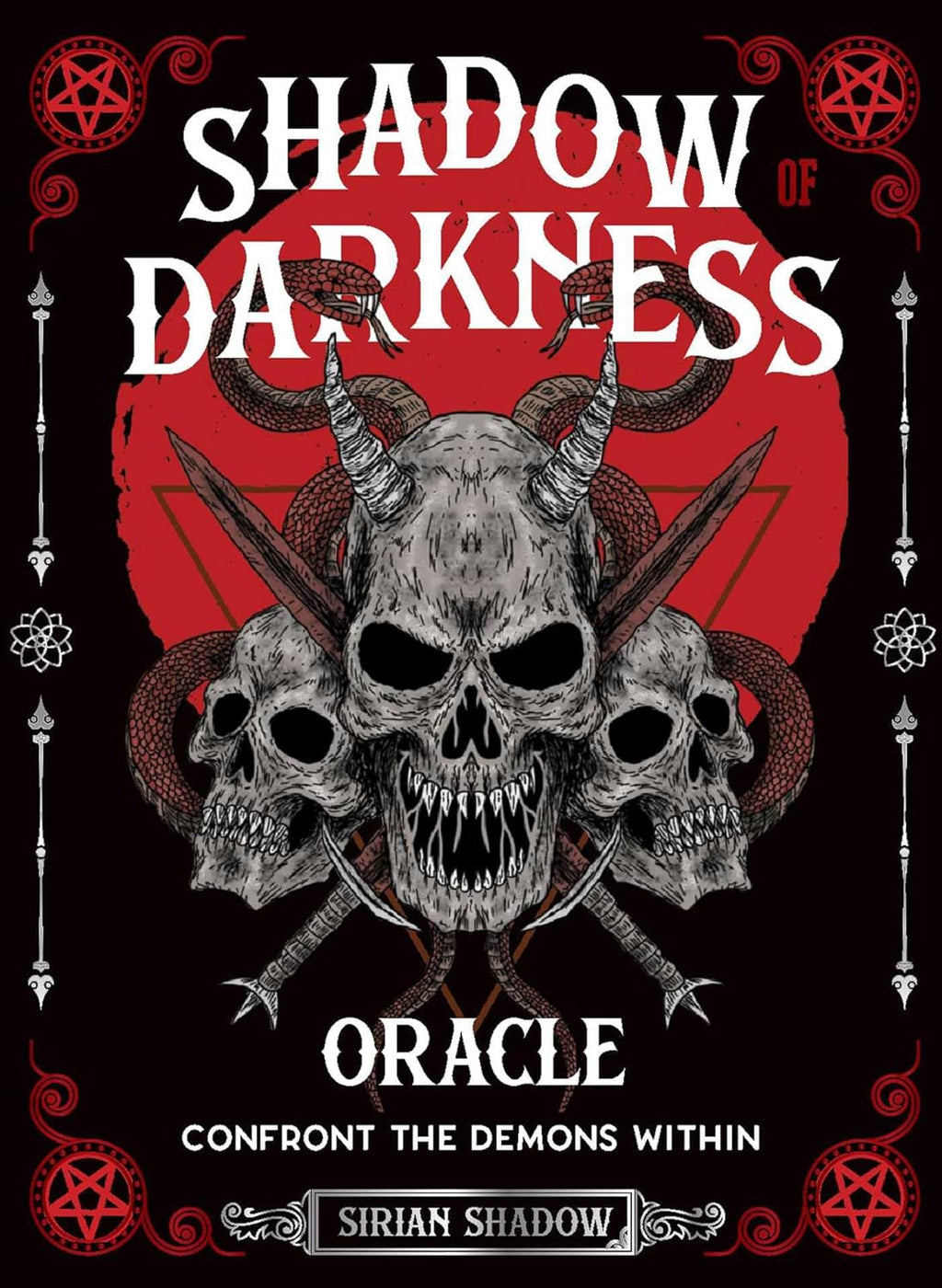 Book cover of 'Shadow of Darkness Oracle' with skulls and red background