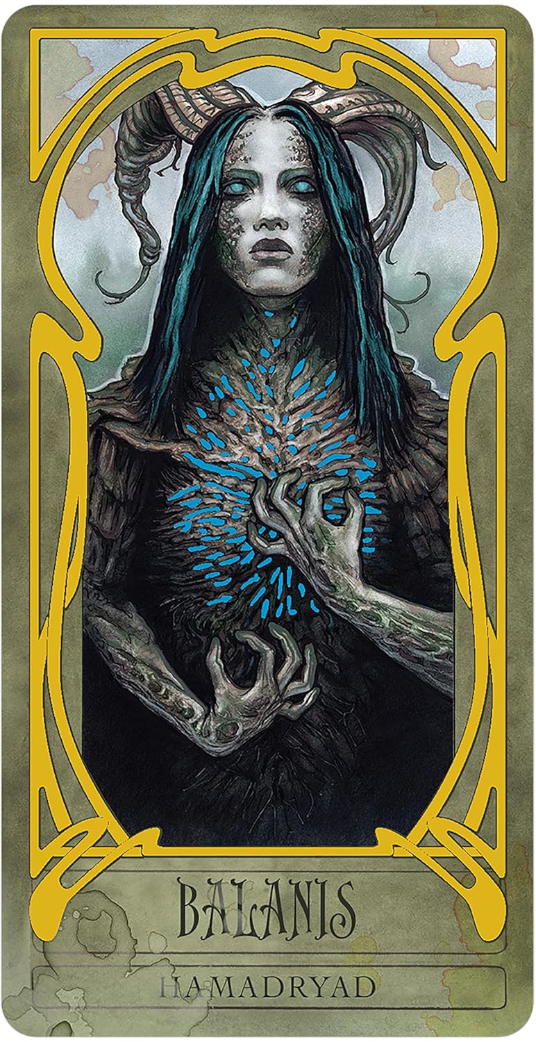 Artistic depiction of a figure with blue markings and a gold border, featuring the name 'Balamis' at the bottom.
