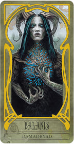 Artistic depiction of a figure with blue markings and a gold border, featuring the name 'Balamis' at the bottom.