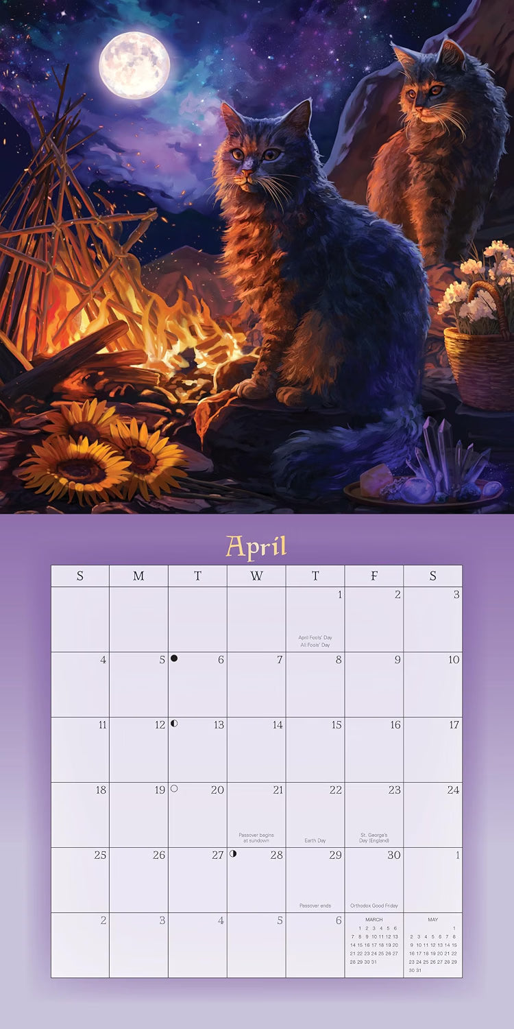 A vertical monthly calendar page for April, featuring a fantasy-style illustration of two cats around a campfire under a full moon on a purple background. The top section shows the illustrated scene, and the bottom section shows a grid layout for days of the week with blank spaces for writing and a small monthly calendar inset at the bottom right.