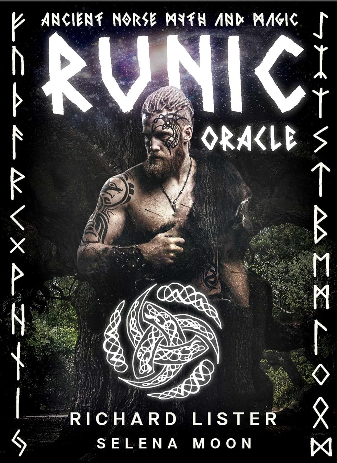 Book cover of 'Runic Oracle' featuring a man with tattoos and runes.