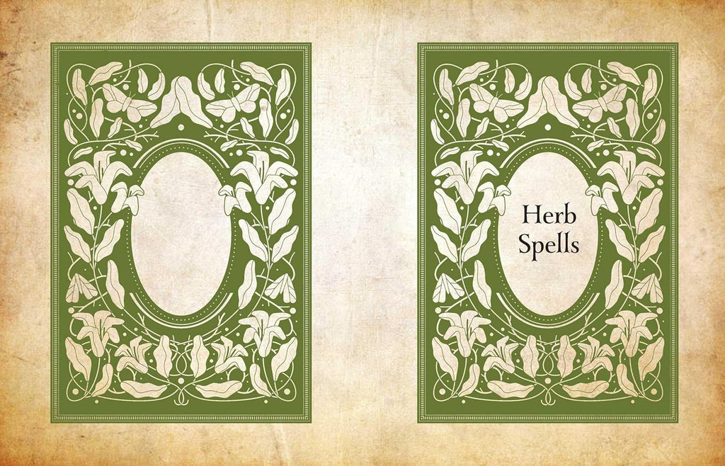 Decorative book covers with 'Herb Spells' text on a textured beige background