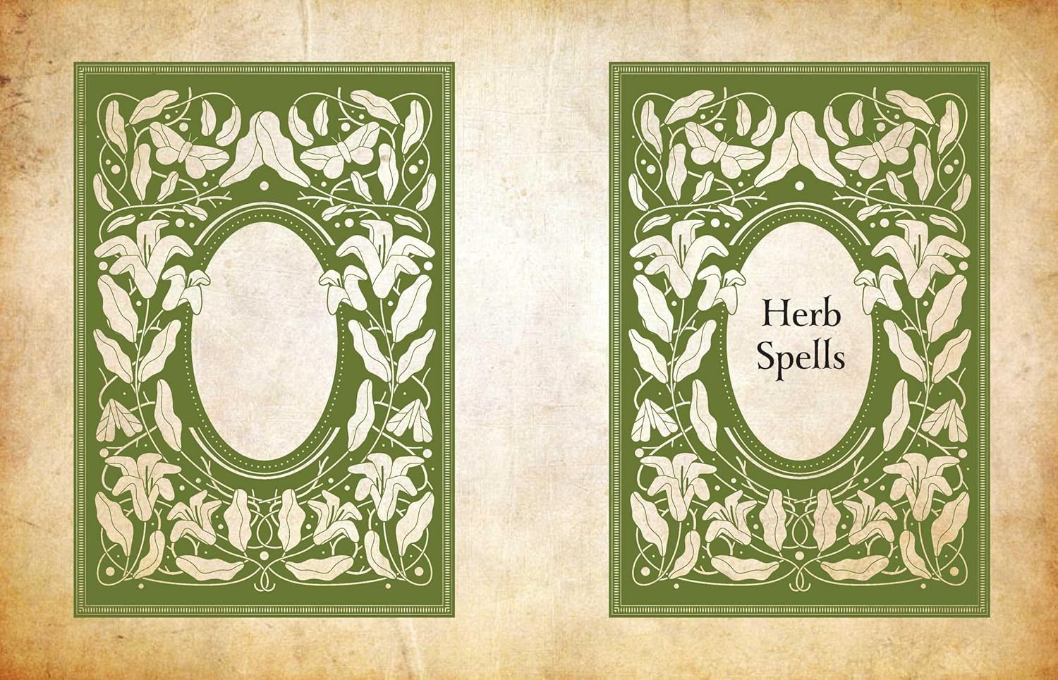 Decorative book covers with 'Herb Spells' text on a textured beige background