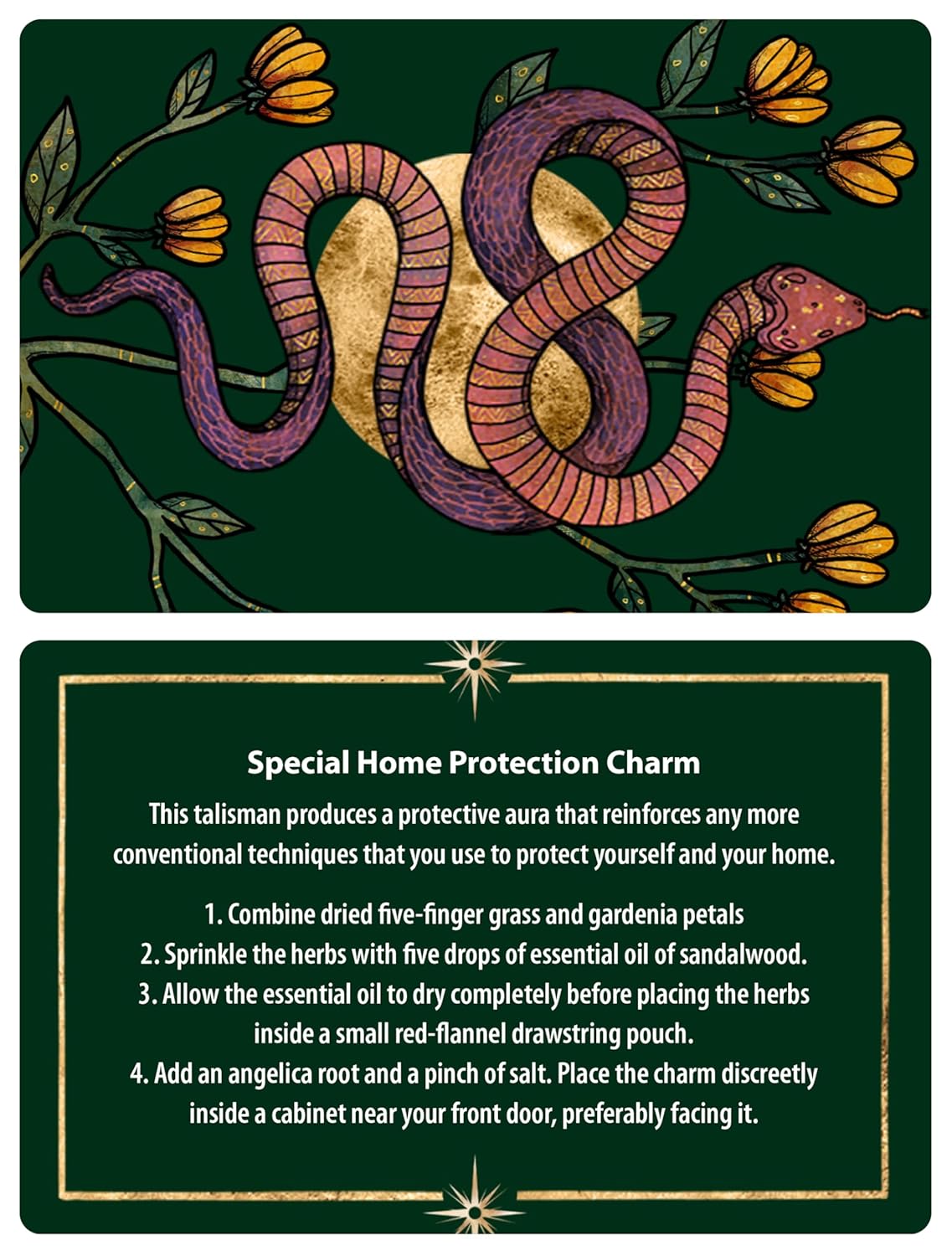 Decorative card with a snake illustration and home protection charm instructions.