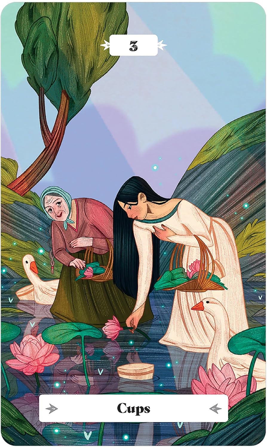 Tarot card titled 'Cups' with two women by a pool surrounded by nature elements.