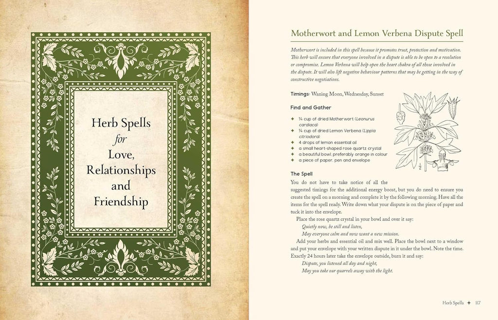 Magical spellbook page with text and illustrations on herbs for love, relationships, and friendship.