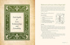 Magical spellbook page with text and illustrations on herbs for love, relationships, and friendship.